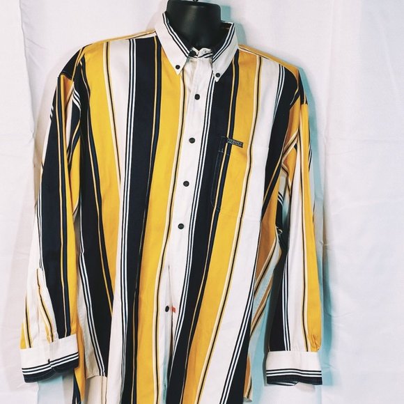Chaps Ralph Lauren Shirt Long Sleeve Sz L 100% Cotton Blue/Yellow Stripes Preown - Picture 1 of 10